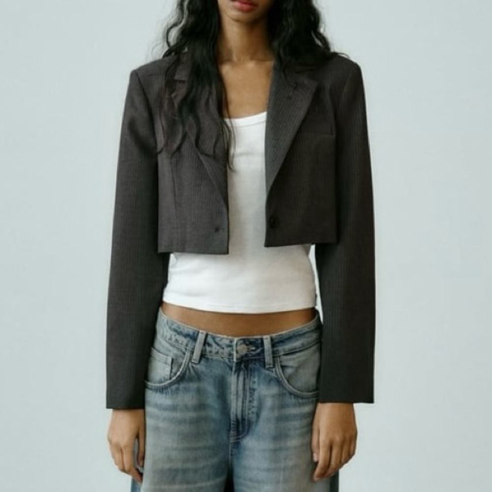 🆕 NWT Zara Gray Pinstripe Cropped Blazer
